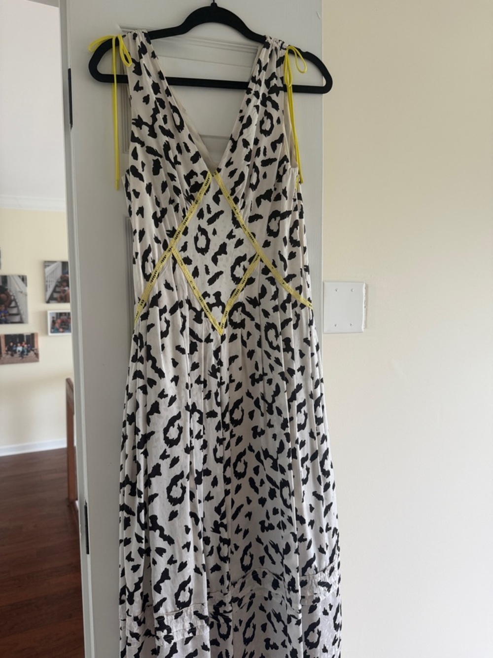 Self-Portrait White and Black Leopard Maxi Dress with Yellow Trim